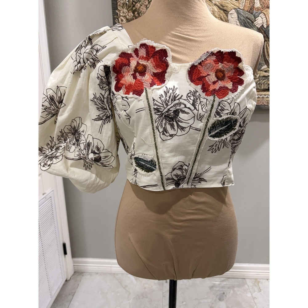Especia Blouse Womens Medium White One Shoulder Puff Sleeve Embroidered Crop